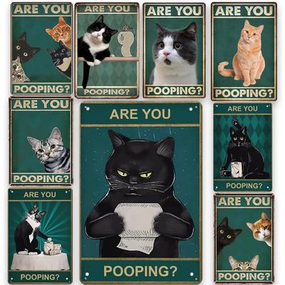 Funny Cat Bathroom Decor Wall Art - Vintage Metal Signs With Are You Pooping  And Cat Design Bathroom Wall Decor