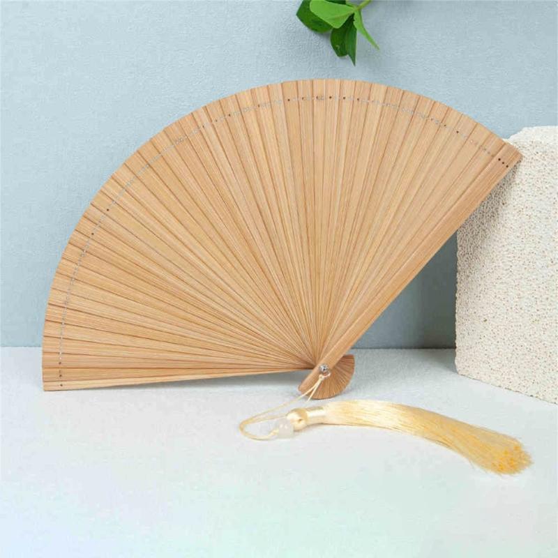 Artisanal Bamboos Folding Hand Fan Minimalists Handmade Craft Cooling Fan with Tassels Festivals Teas Ceremonies Decors
