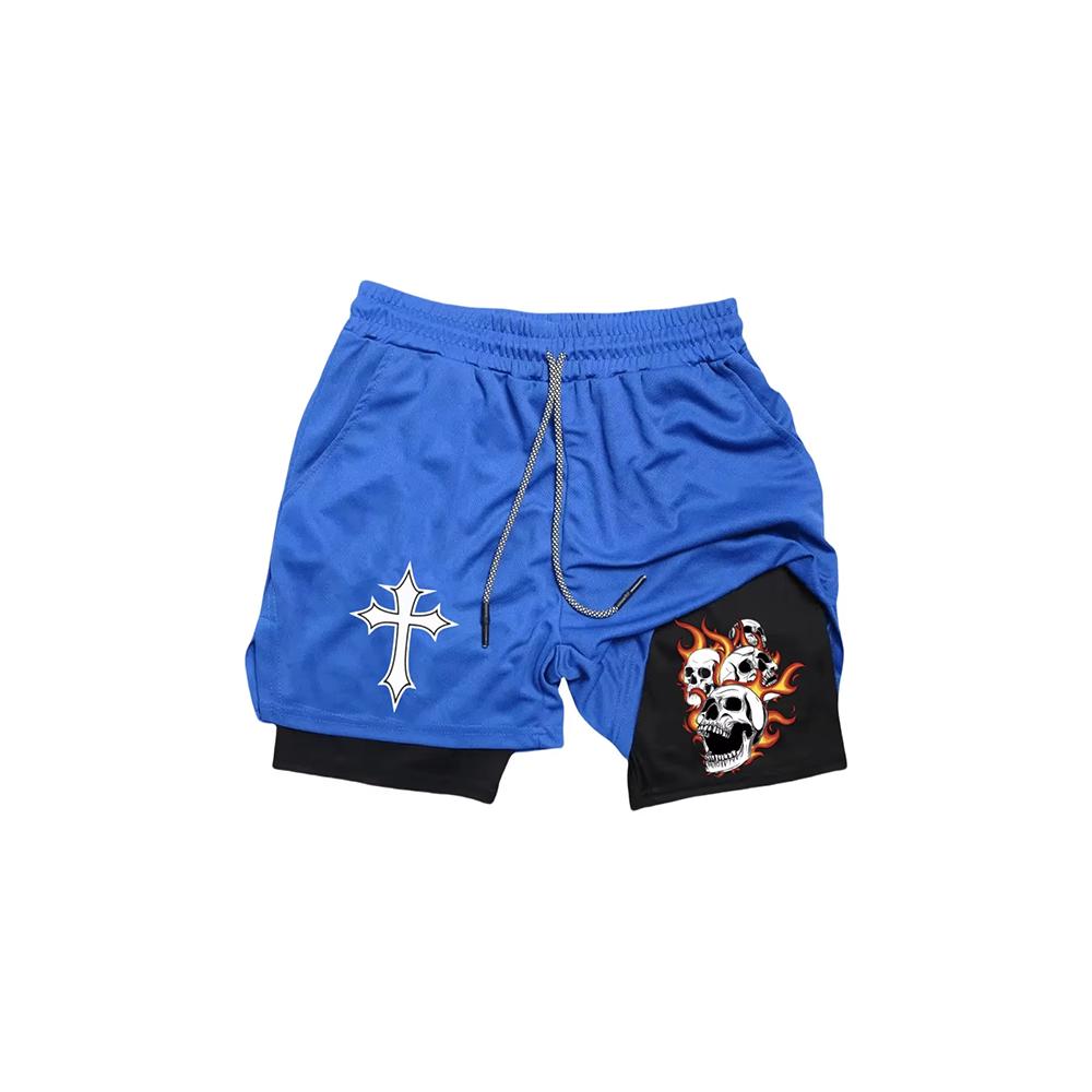 Men's Fitness Two-in-one Shorts Double-layer Beach Pants Trendy Printed Sports Shorts Outdoor Training Running 10105