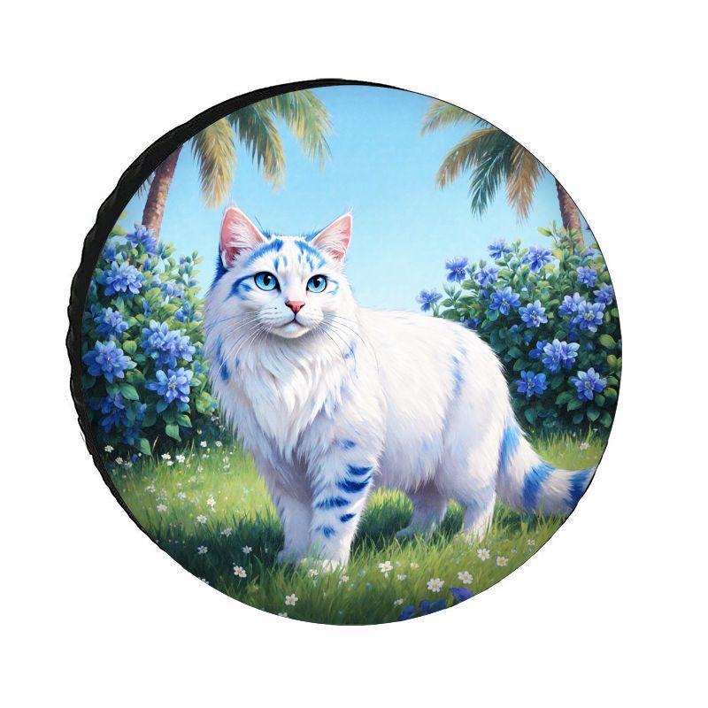 A Blue-Eyed White Cat Floral Pattern Spare Tire Cover Made Of Polyester Fiber, Offering Sun Protection And Dust Resistance, Feat