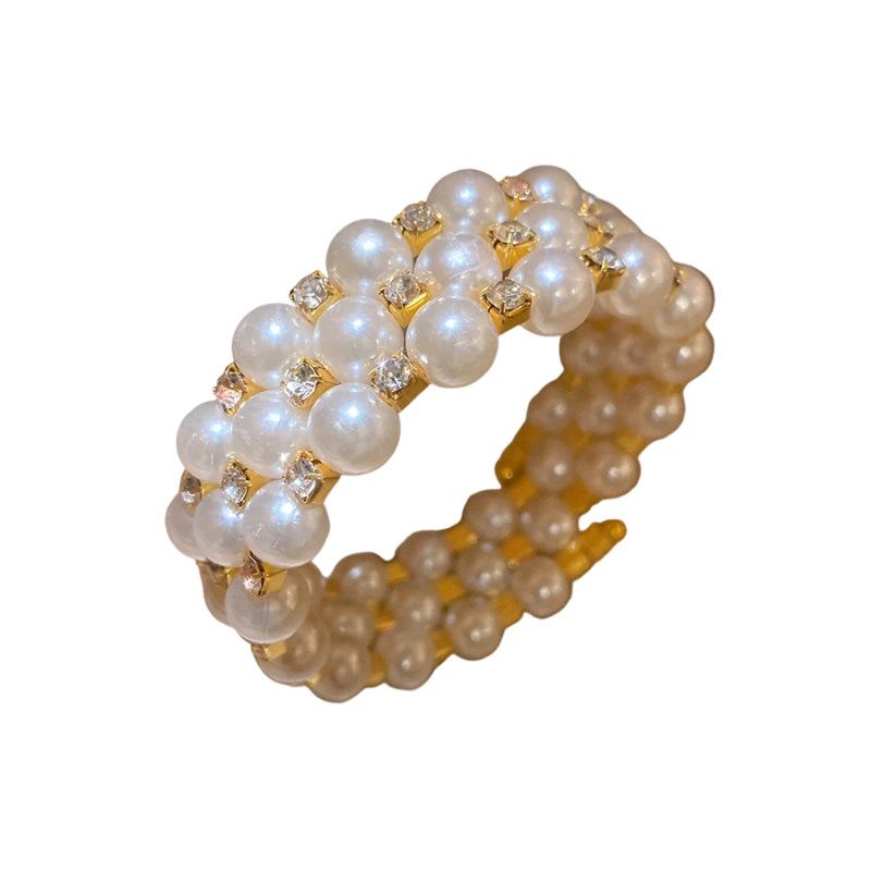 Retro French-Style Diamond and Pearl Open Bangle Bracelet
