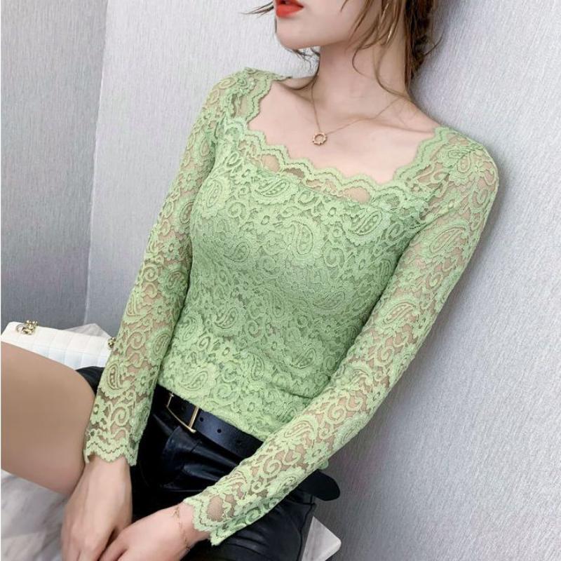 Koronkowy kwadratowy dekolt z długim rękawem francuski niszowy szykowny setka z temperamentem temperament wybuchowy modele kobiece topy retro klasyczne dolne koszule
