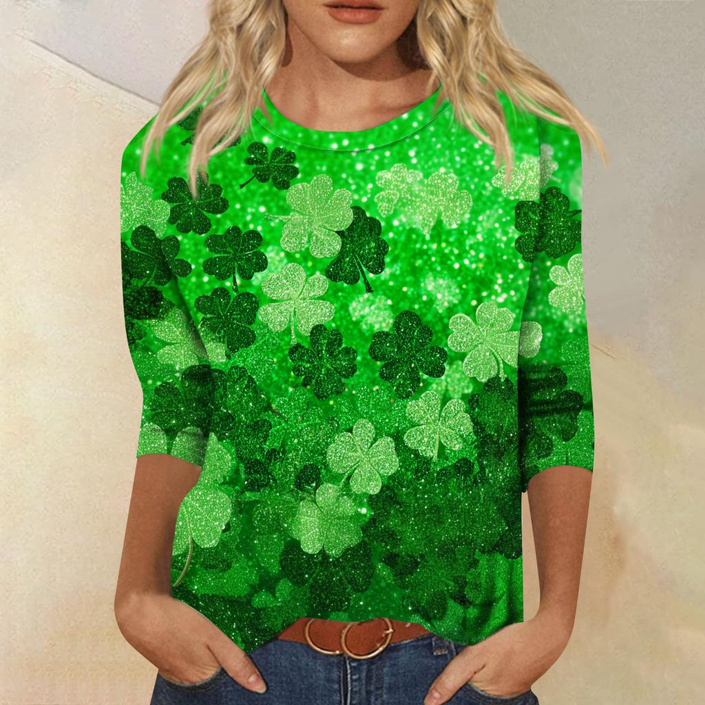 Damen Modisches Lässiges Dreiviertelarm Bedrucktes Rundhals-Top