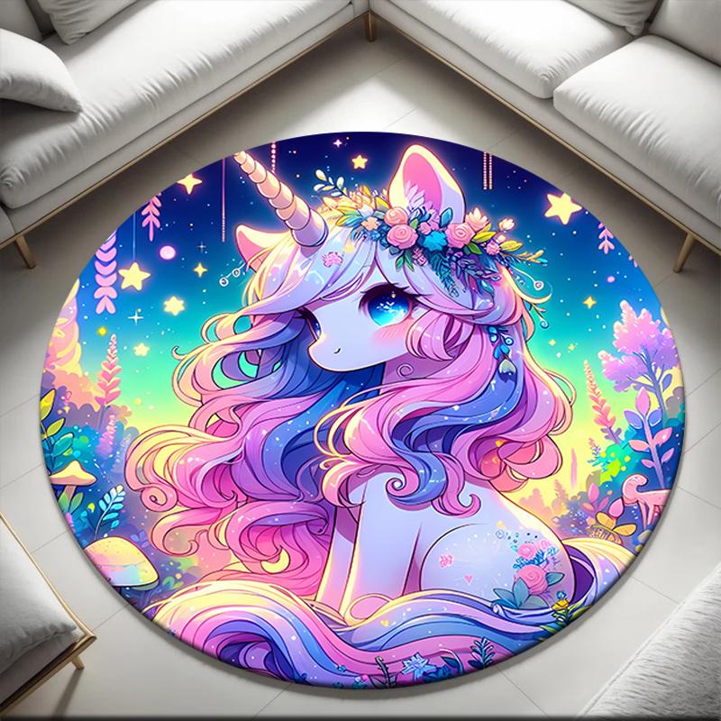 1pc Cartoon Cute Fantasy Unicorn Round Carpet Painted Printed Circular Carpet, Home Door Mat, Outdoor Travel Protection Carpet