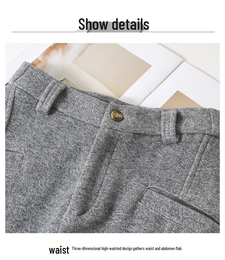 Women's Gray Wool Tweed Wide-Leg Cropped Pants with Velvet Lining - Autumn/Winter New Style