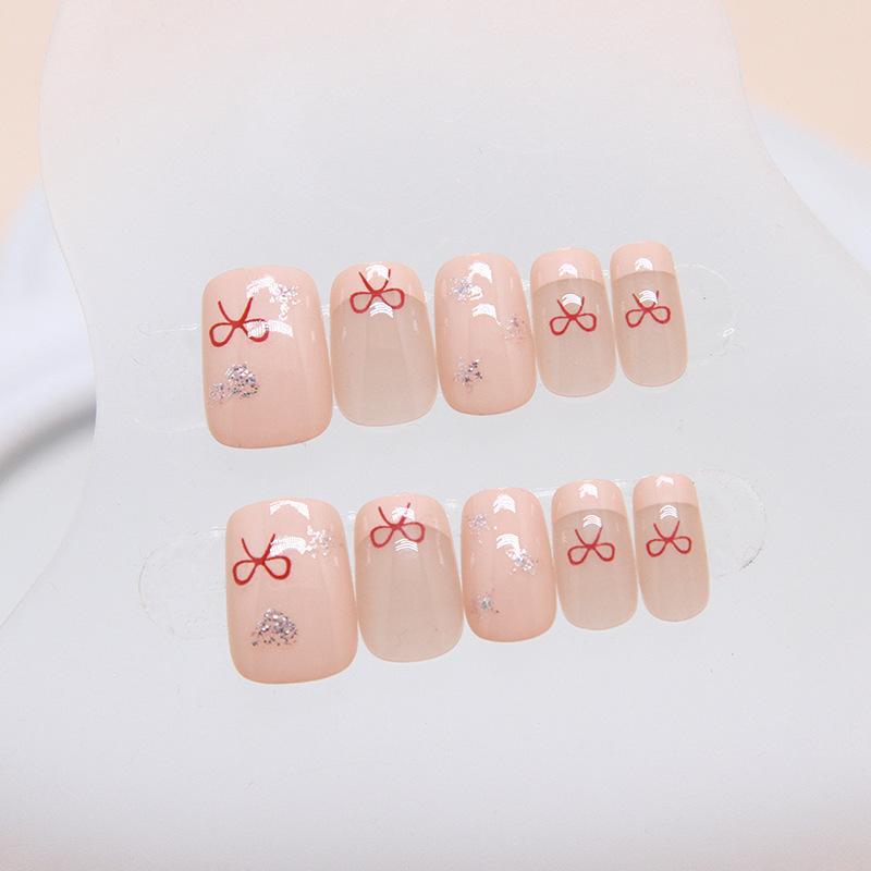 24 Pcs Bow Wearing Nail Removable Love Nail Piece Star Nail Patch Small Short T Skin Powder French Nail Piece