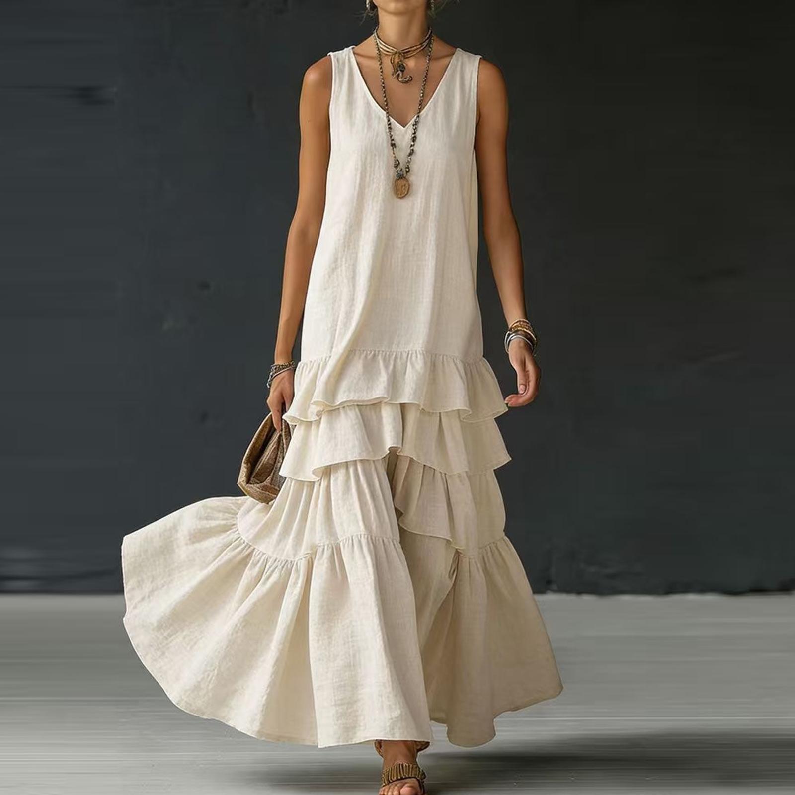 Women Sleeveless Loose Fit Maxi Dress with Tiered Ruffle Hem Lightweight Casual Summer Dress L