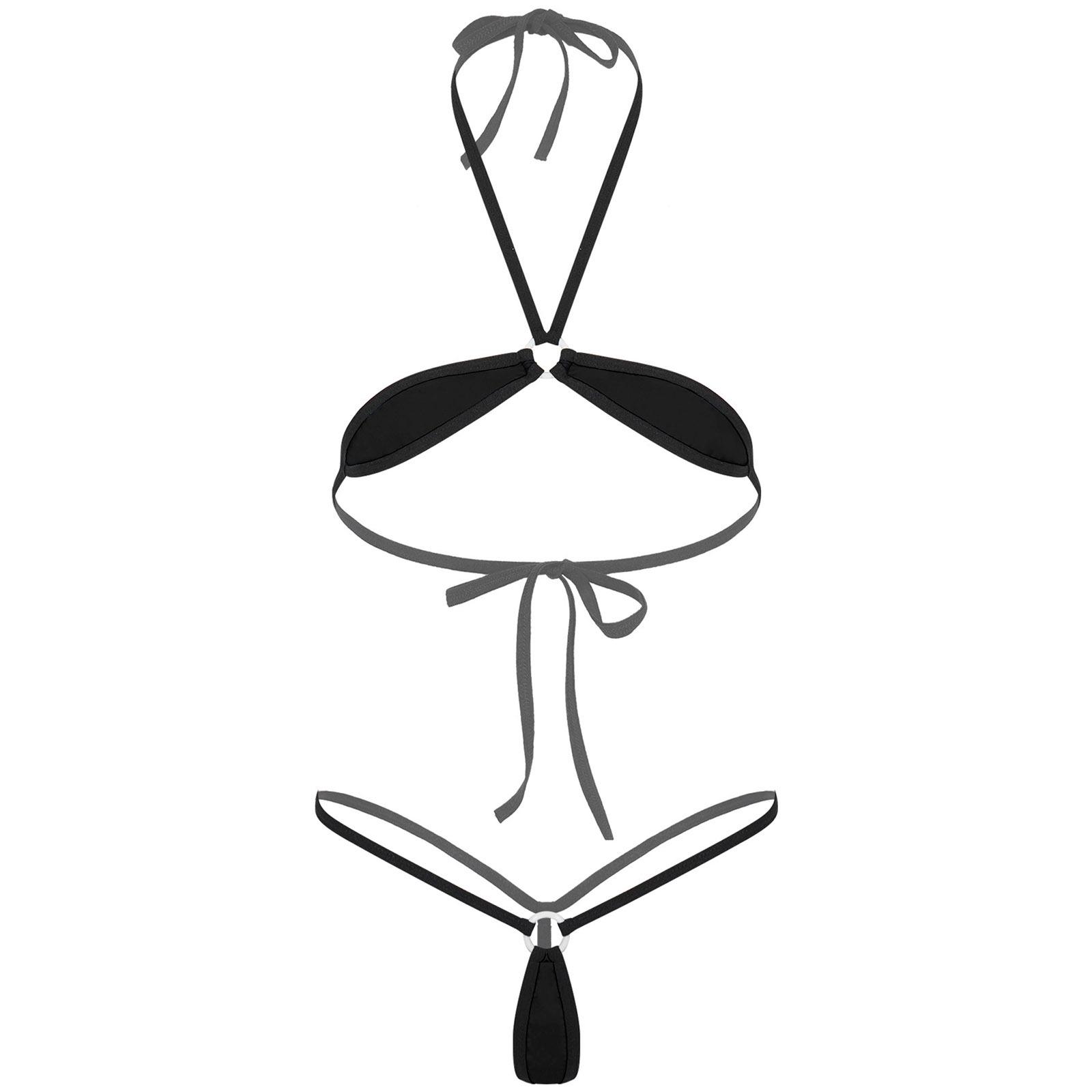 

Женский купальник микро бикини с бретельками через шею, бюстгальтер со шнуровкой, стринги, пляжная одежда для загара, вечеринка у бассейна One Size чёрный