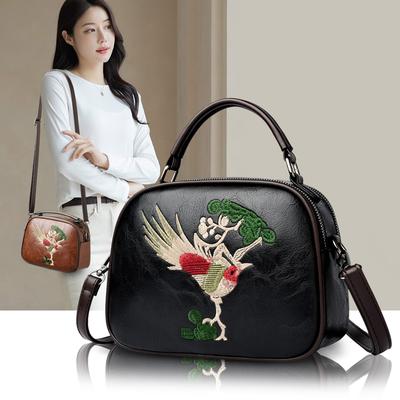 Elegantní crossbody taška s výšivkou ptáků – PU kabelka s horní rukojetí pro ženy