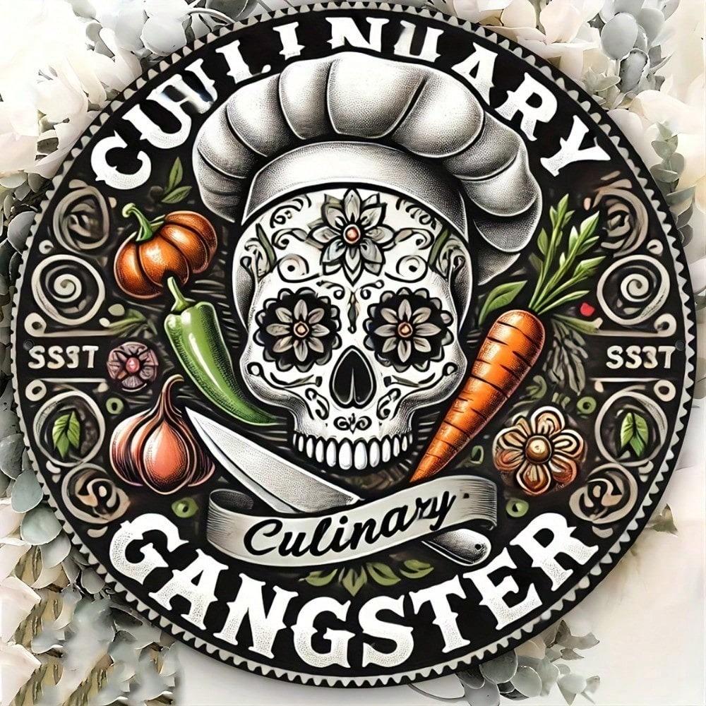 Vintage Skull Chef Metal Sign, Culinary Gangster Round Wall Art 8x8 Inch Aluminum Plaque Heat Resistant Kitchen Decor