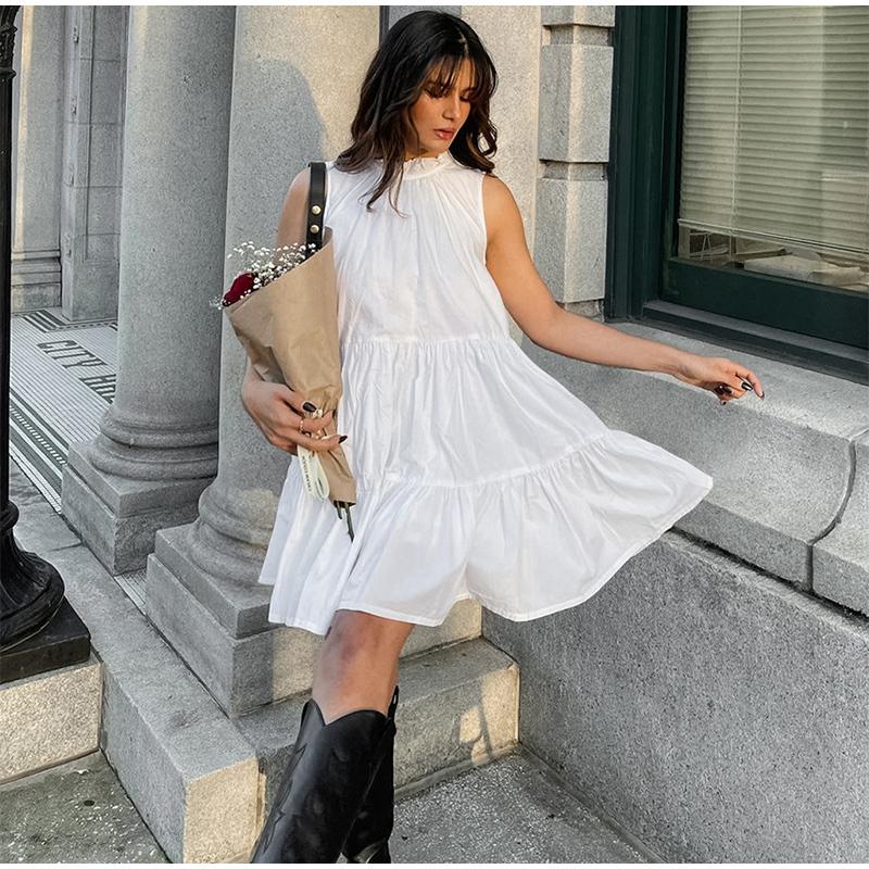 Elegant Ruffles Short A-line Dress Women Lace Up O-neck Sleeveless Vacation Dresses  Lady White Party Dress