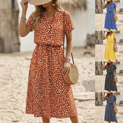 Women's Casual Shirt Dress with Stand Collar Button Down Front Elastic Waist Midi Length Short Sleeve Floral Print