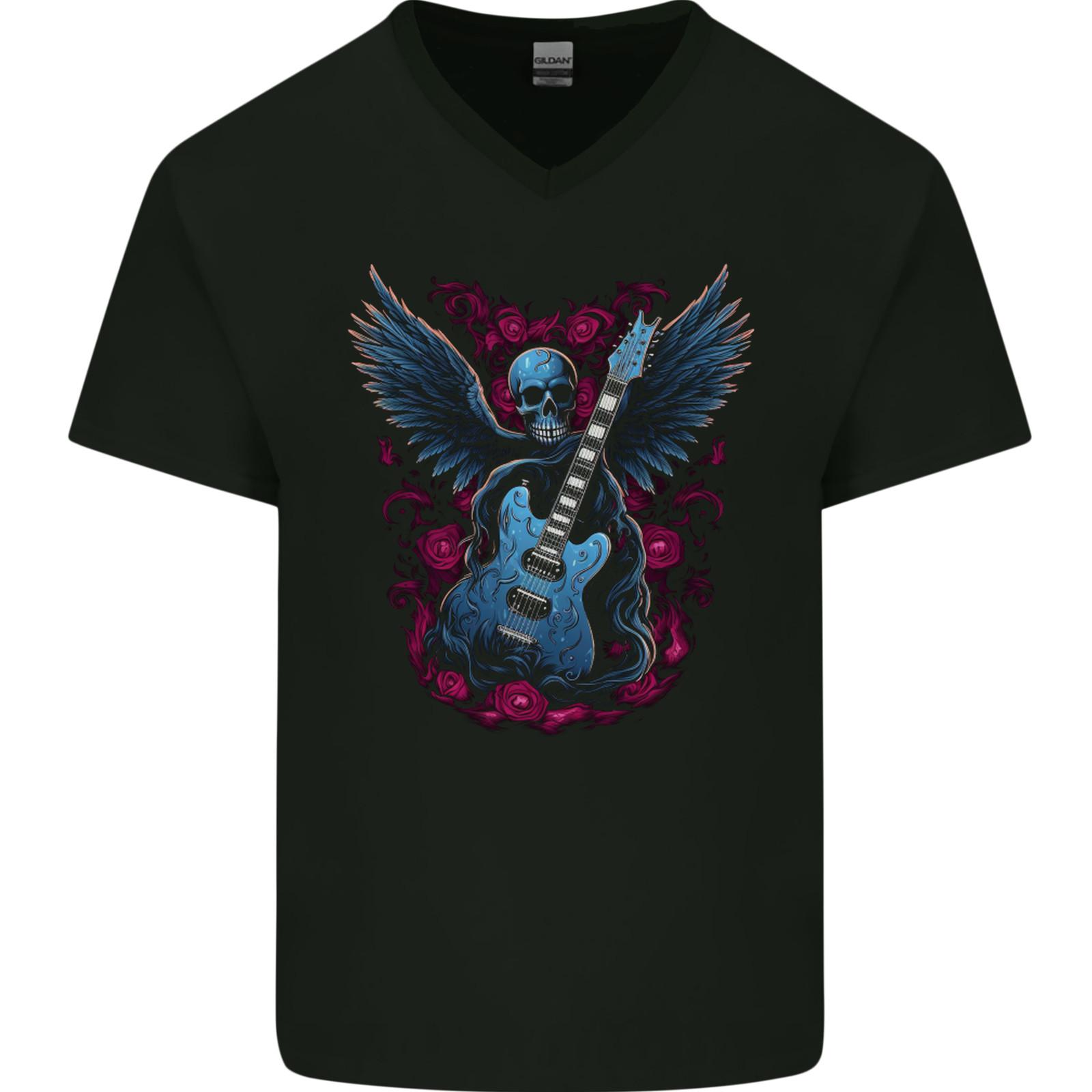 Guitar Skull Heavy Metal Rock Music Band Wings Mens VNeck Cotton T-shirt L