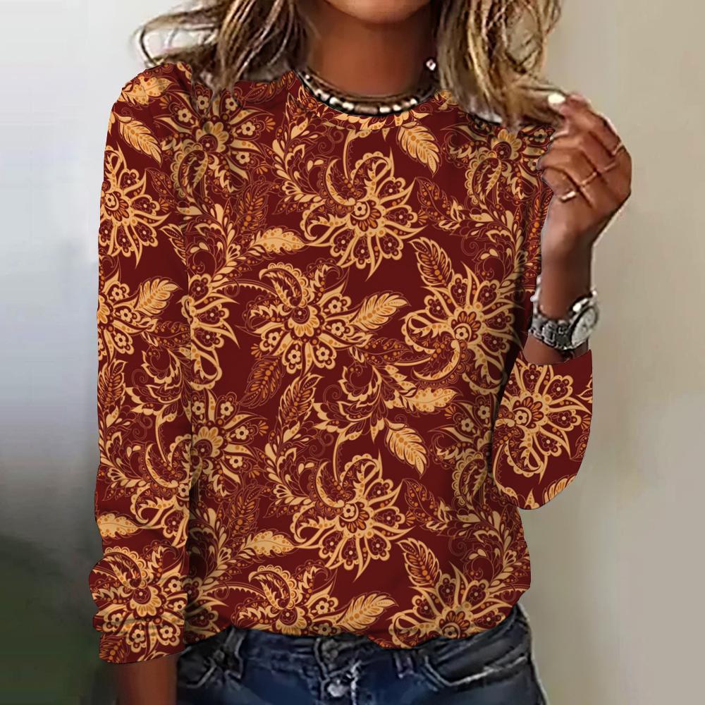 Retro flower 3D printed women's round neck long sleeved T-shirt