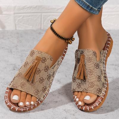 Women's Tassel Decor Slide Sandals, Casual Slip On Flat Summer Shoes, Lightweight Slide Sandals