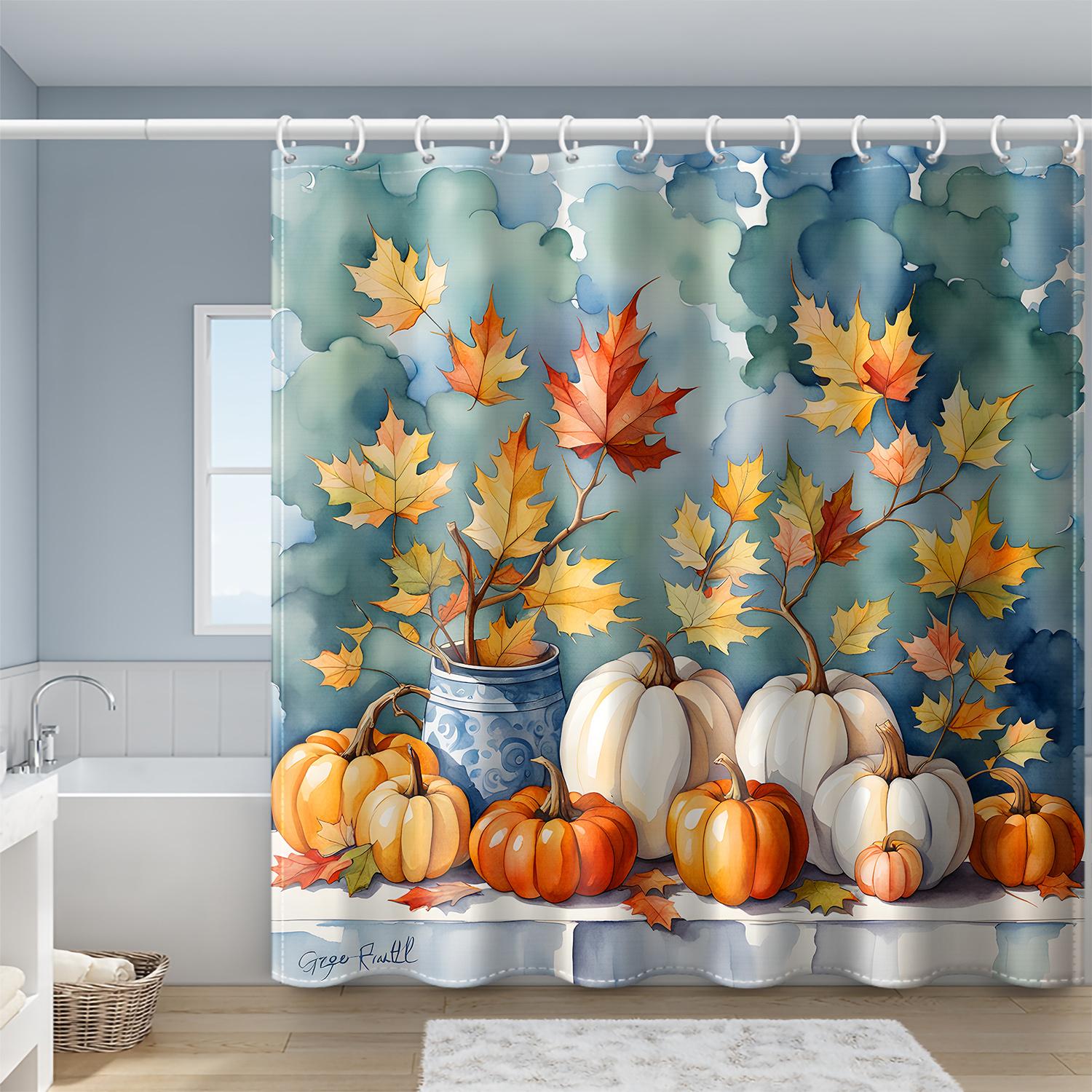 Blue Background Maple Leaf & Pumpkin Curtain, 71x71in, Washable, Hooks W90xH180cm