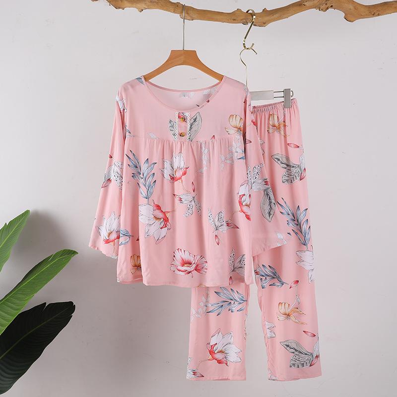 Yini shirt human cotton and silk long-sleeved pajamas women's explosive women's loungewear summer long-sleeved human cotton set clearance treatment