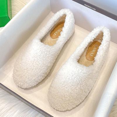 Fashion 2025 White Wool Shoes Ladies Traf Loafers Warm Cotton Footwear Winter Slip On Sheep Fur Flats Women Lambswool Mocasines Mujer