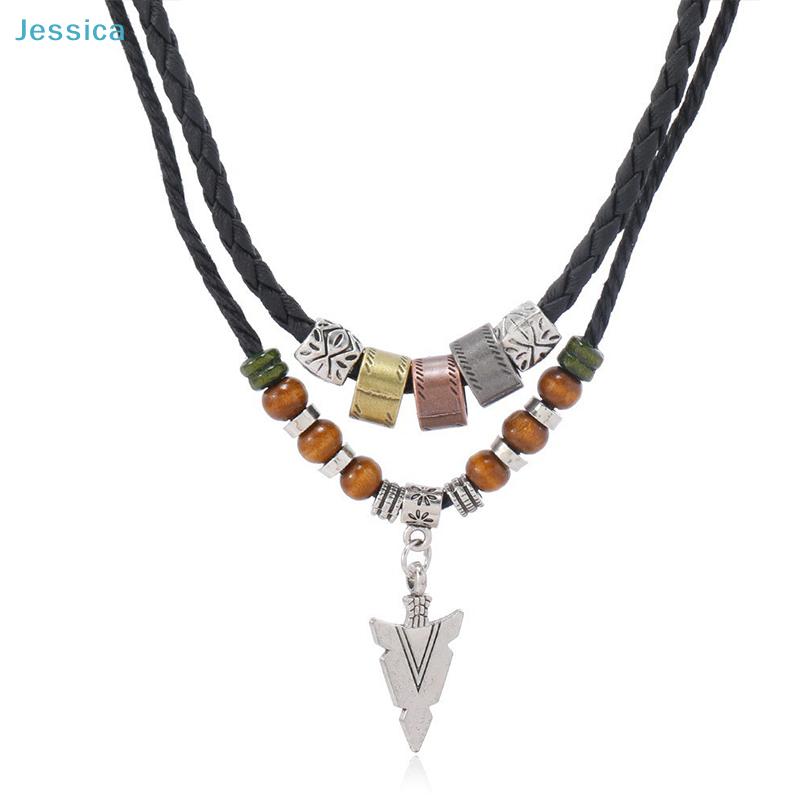 Vintage Arrow Pendant Layered Necklace - Black Braided Leather Chain with Mixed Beads,Retro Boho Style Jewelry for Men/Women