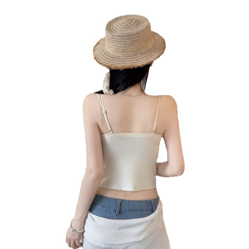 #Summer new casual style V-neck lace dispensing splicing ice silk vest female slim one-piece with chest pad