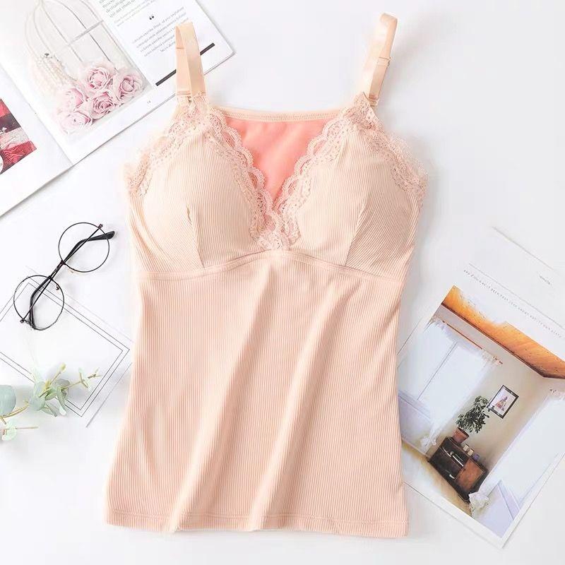 Winter Lace Padded Camisole Undershirt Female Internal Warmth Cold Thickened V-neck with Chest Pads Seamless Body Underwear