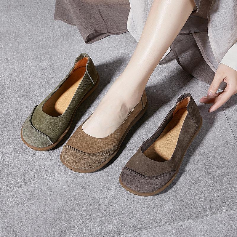 Genuine Leather Retro Women's Shoes Spring Flat Casual Single Shoes One-foot Wear Forest-themed Shallow Shoes