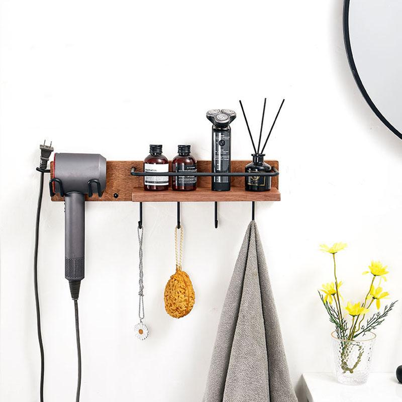 Black Bathroom Hair Dryer Holder Walnut Wall Hanging Storage Rack Toilet Toothbrush Holder Cup Holder Bathroom Hardware Pendant