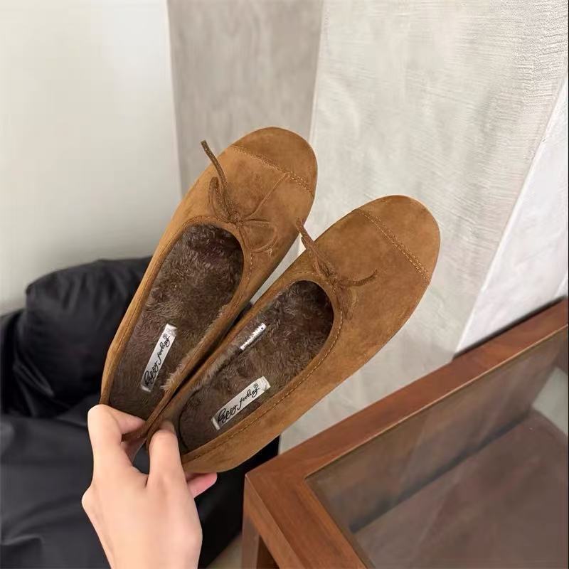 French Gentle Bow With Plush Shoes, New Autumn And Winter Fairy-Style Shallow Ballet Shoes, Grandma Shoes