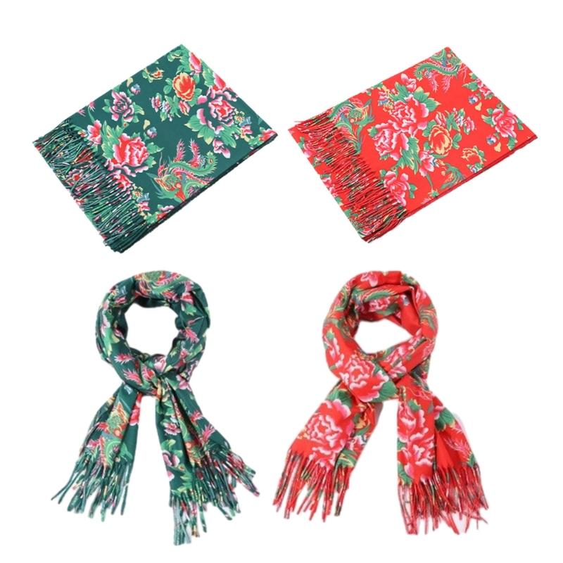 Winter Warm Ethnic Tassels Scarf for Women Northeast Big Flower Scarves Outdoor Activity Shawl Scarf Fashion Accessories