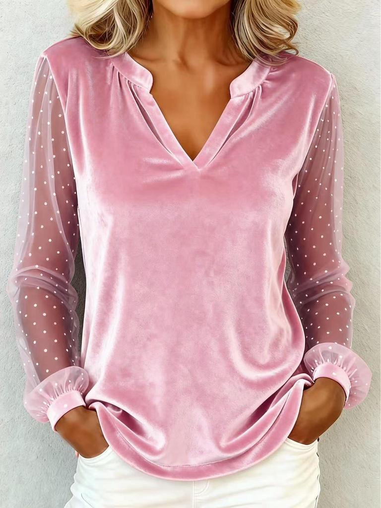Elegant European & American V-Neck Lace Patchwork Velvet Long Sleeve Women's T-Shirt