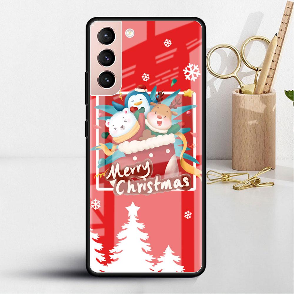 Boże Narodzenie Cartoon Snowman Szklana Etui Do Samsung Galaxy S22 S20 FE S21 Plus Telefon Pokrowiec S10 5G S9 Note 20 Ultra 10 Lite Shell