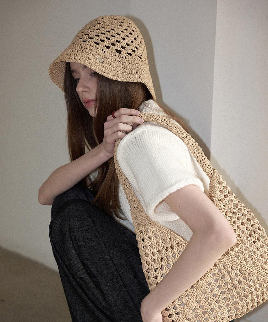 Seullouseulloulli Cappello a Secchiello in Rafia Uncinetto Fatto a Mano Frutta _ Beige Naturale