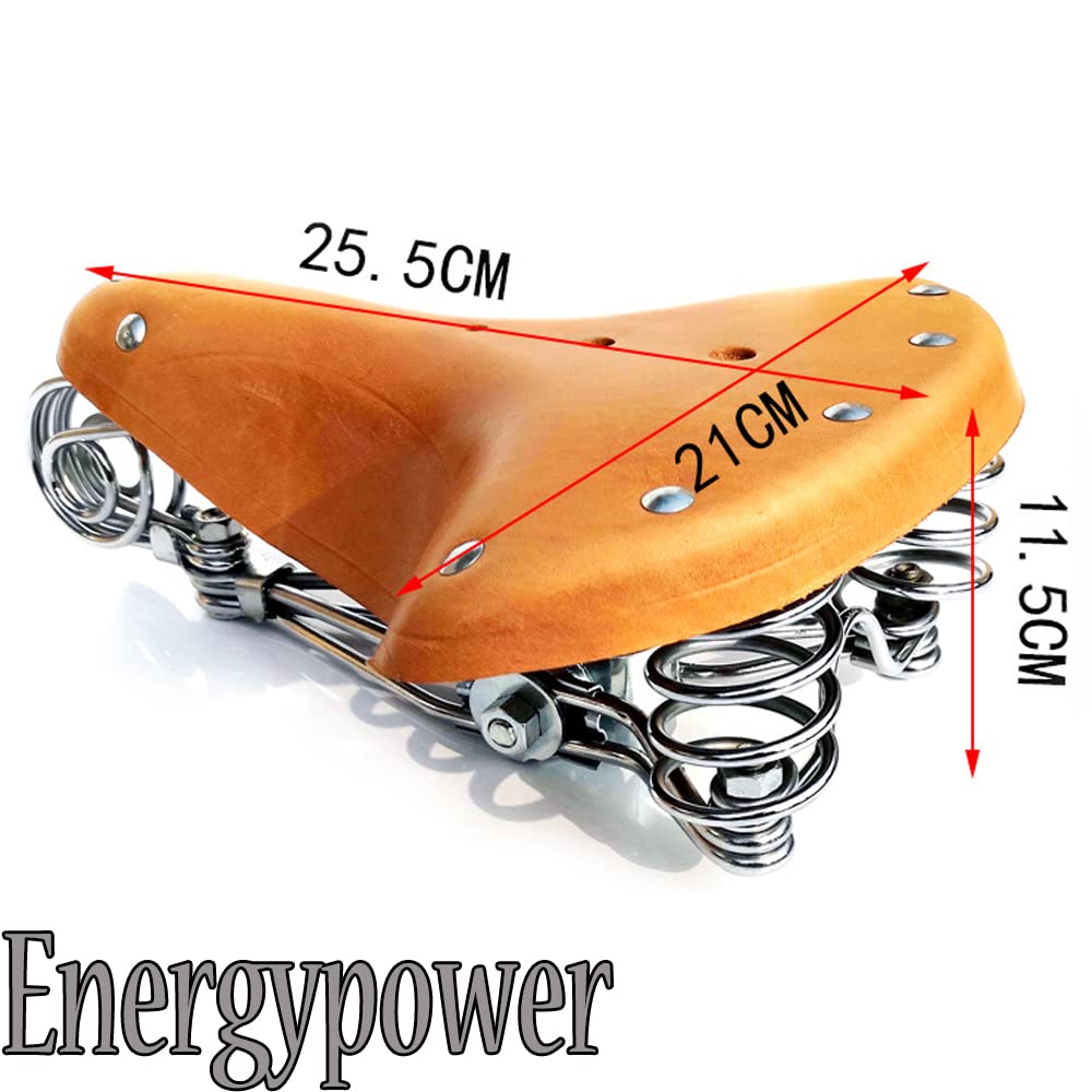 EnergyPower Leather Bicycle Saddle with Double Coil Front and Double Spring Full Grain Cowhide Retro Shock Absorbing Water Genuine Leather Bicycle