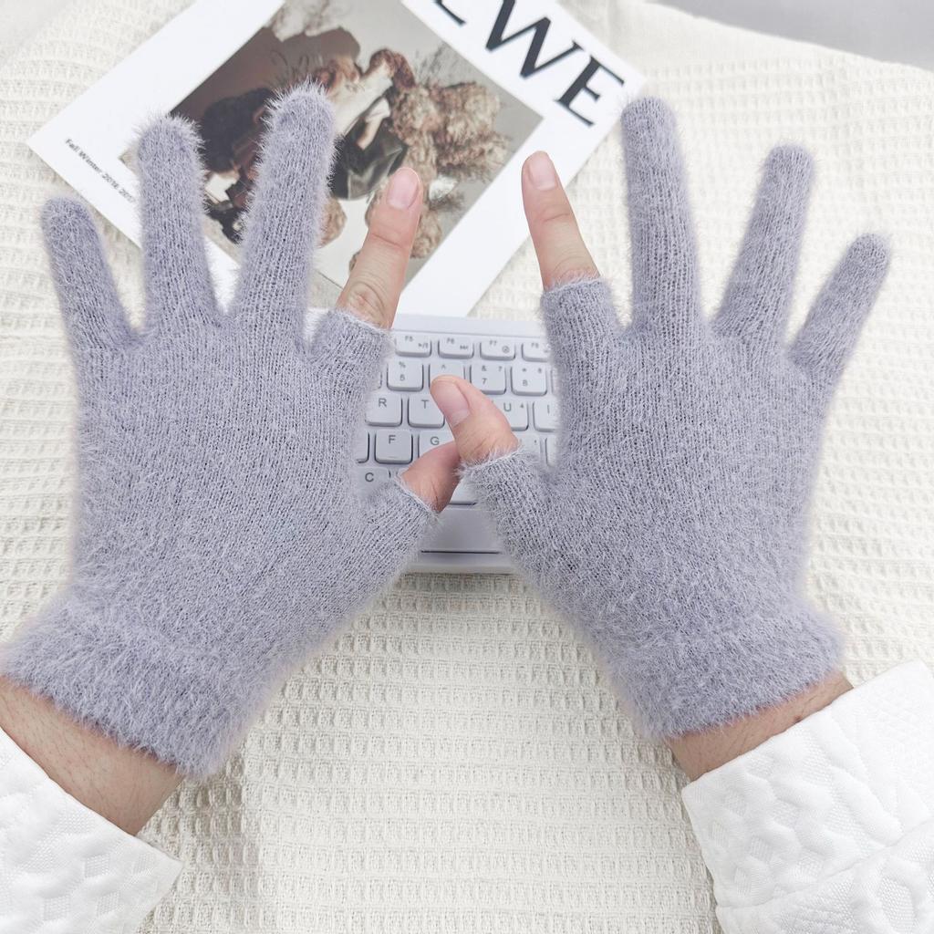 Winter Two Finger Touchscreen Gloves Jacquard Plush Warm Knit Thick Student Half Finger Mittens