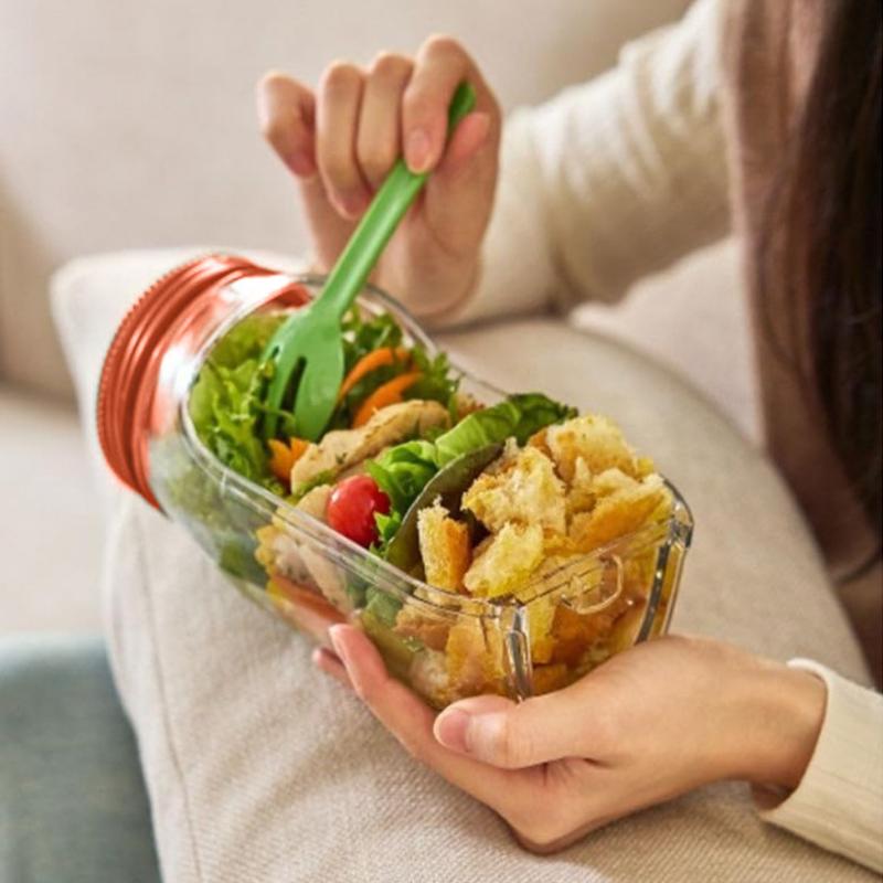 Salad Jar With Fork,Mason Jar Salad Container With Side Opening,Salad Container With Fork, Dressing Bowl, Sauce Compartments