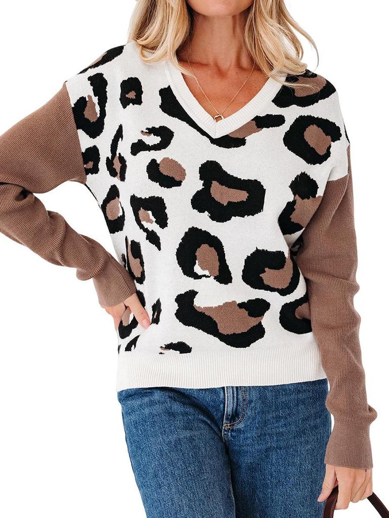 Women's V-neck Leopard Print Knit Sweater - European American Fashion Trend