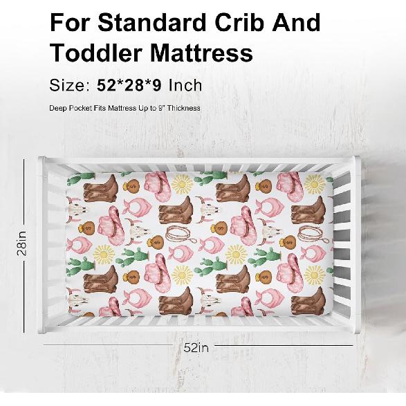 Pink Western Cowgirl Cowboy Fitted Baby Crib Sheet for Boy Girl 52"x28" Desert Cowboy Hat Boot Sun Cactus Soft Breathable Baby Crib Mattress Bed