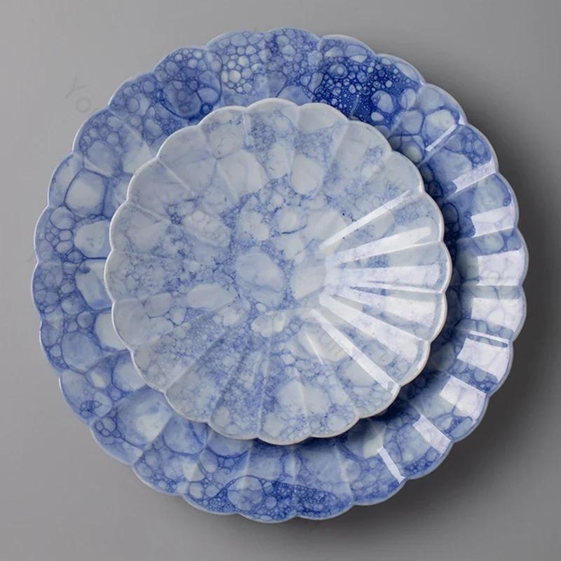 Farfurii ceramice albastre retro creative, farfurii de desert pentru restaurant, de lux, cu paste, preparate delicioase, rafinate, veselă de uz casnic