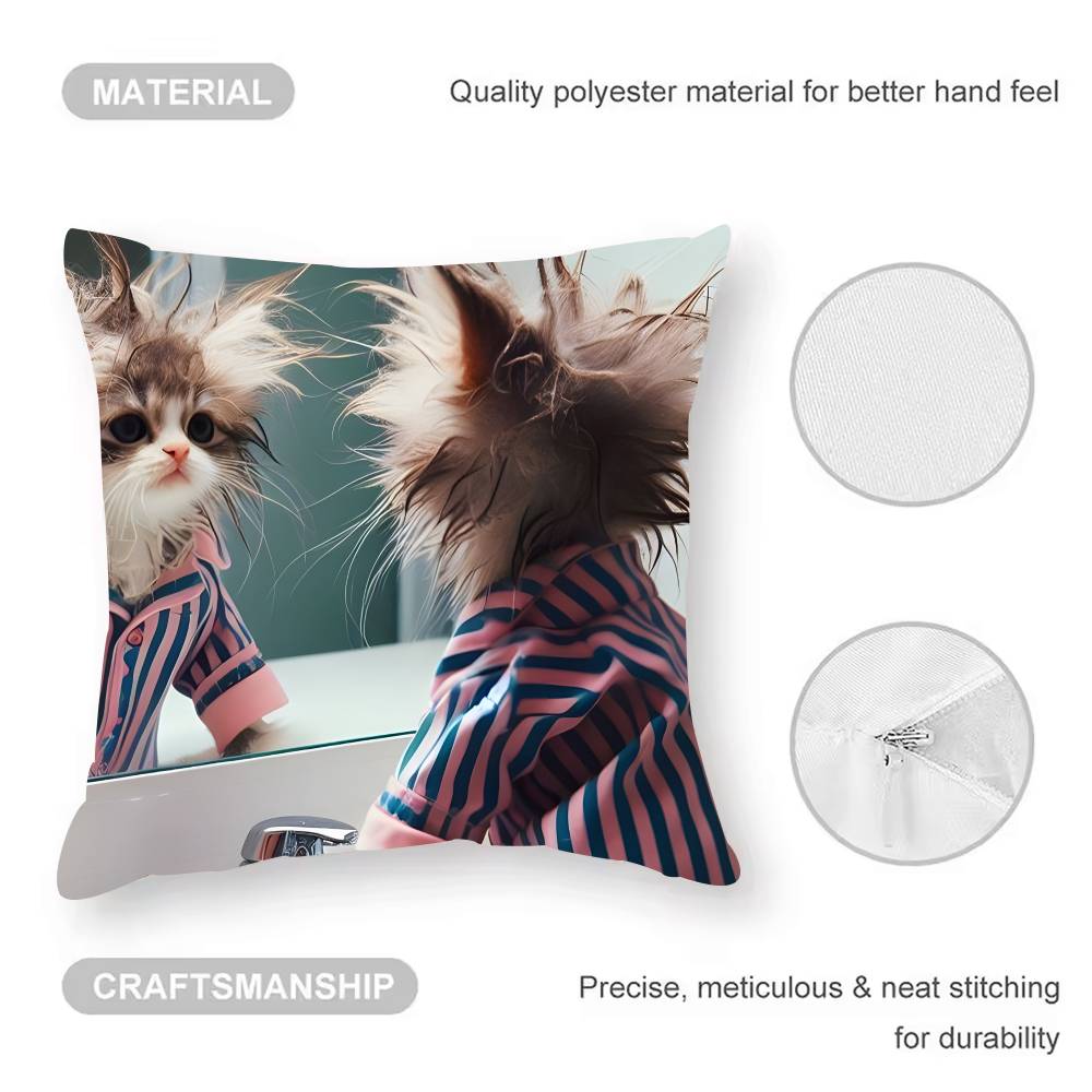 Funny Cat memes Pillow Case  Anti-dustmite Pillowcase Invisible Zipper Silky Short Plush Sofa Cushion Cover