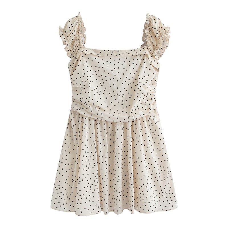 Julu Studio  Mist White Style  French-Style Waist-Cinching Dress with Small Flutter Sleeves, Square Neck, and Polka Dots for Slightly Plus-Size Women Polka Dot Short Dress S