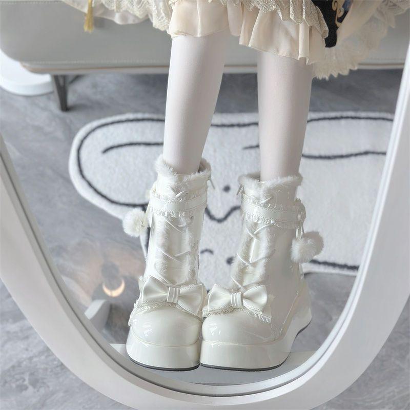 Sladké zimní dámské boty Kožešinové boty s mašlí pro ženu Roztomilé kožené Dívčí Lolita Sněhule Podpatek Zvyšující Teplé boty Botas Mujer