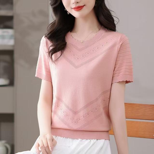 Summer Round Neck Hollow Ice Silk Knitted Shirt for Women Women's Short Sleeved T-shirt Loose Top