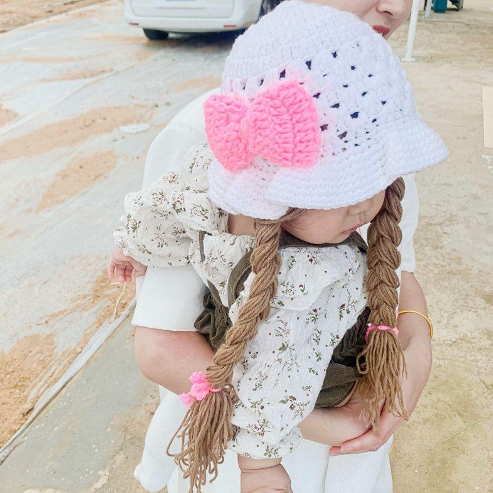 Cute Cartoon Wig Knitted Hat Cherry Wool Baby Beanie Cap Bow Korean Style Kids Warm Hats Newborn