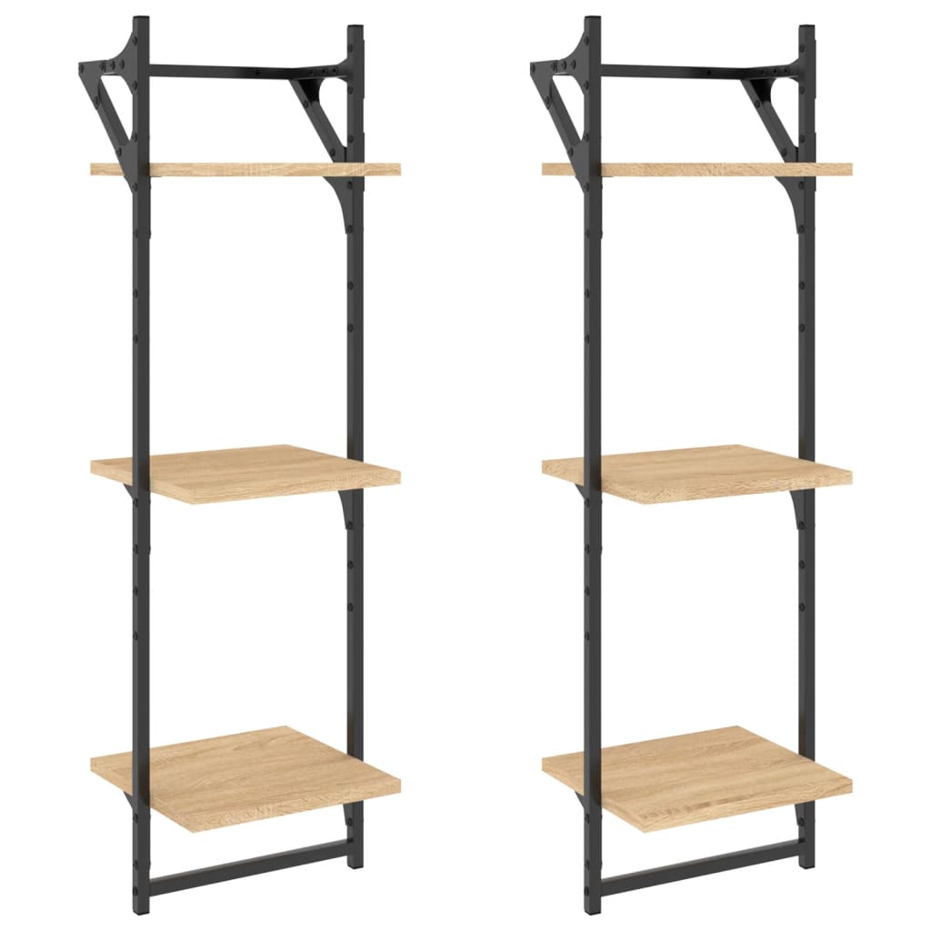 Wall Shelves with 3 Shelves and Bars 2 pcs Sonoma Oak