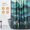 Abstract Mountain Shower Curtain Teal Blue Landscape Gold Accent Forest Art Modern Design Bath Decor Waterproof Fabric Boho