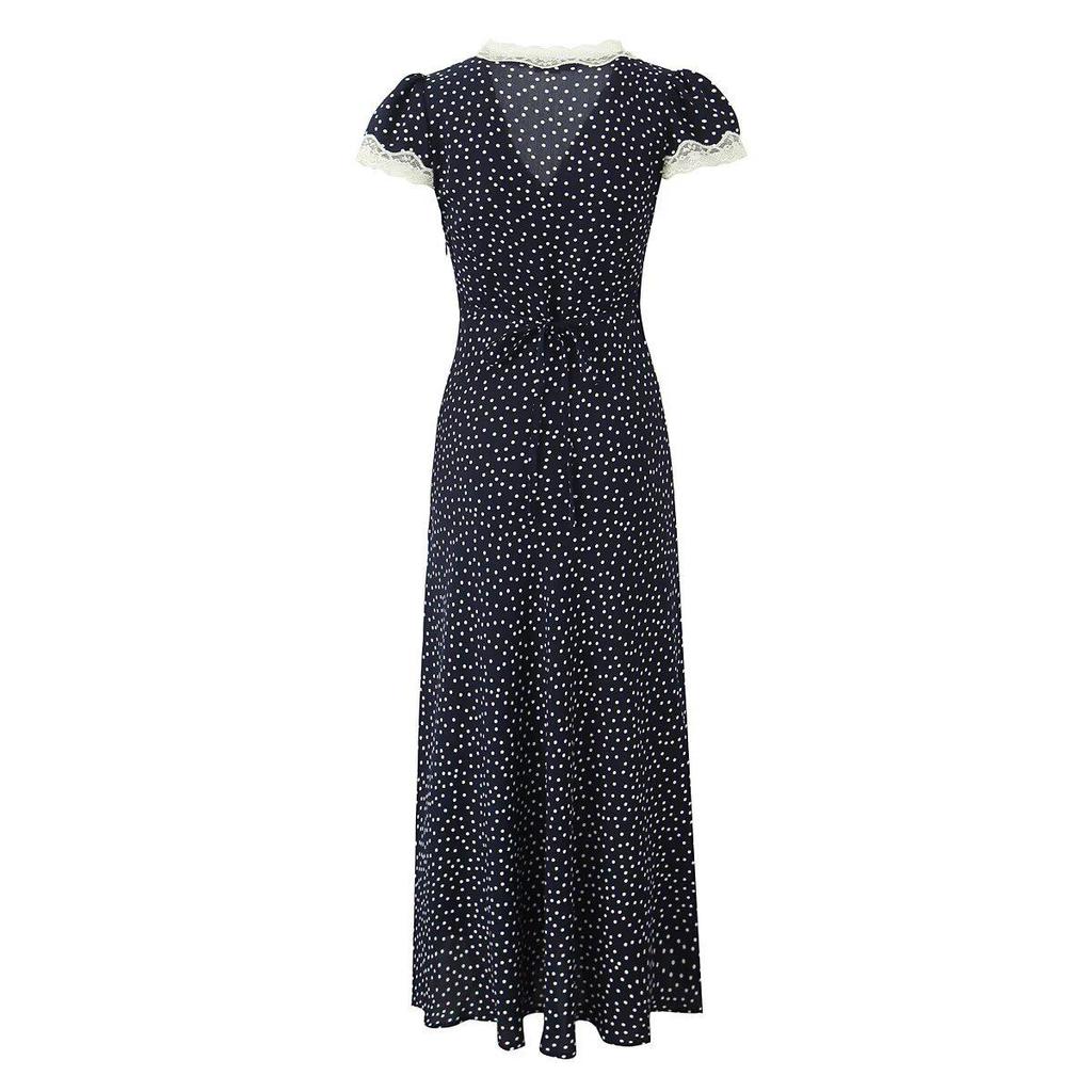 Elegant French Polka Dot Long V-Neck Lace Dress - Women's Summer 2026 Slimming Short-Sleeve Skirt.