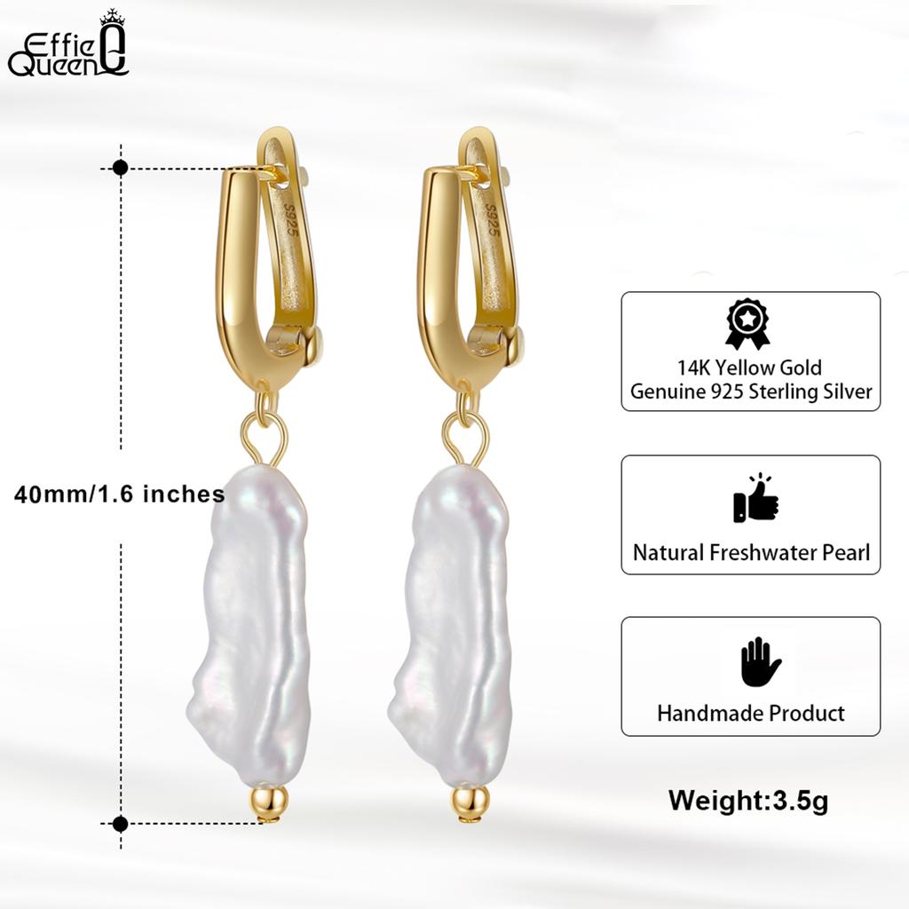 Effie Queen 925 Solid Sterling Silver 14k Gold Baroque Drop Earrings Natural Jewelry for Women Banquet Gift Ear Accessory GPE10