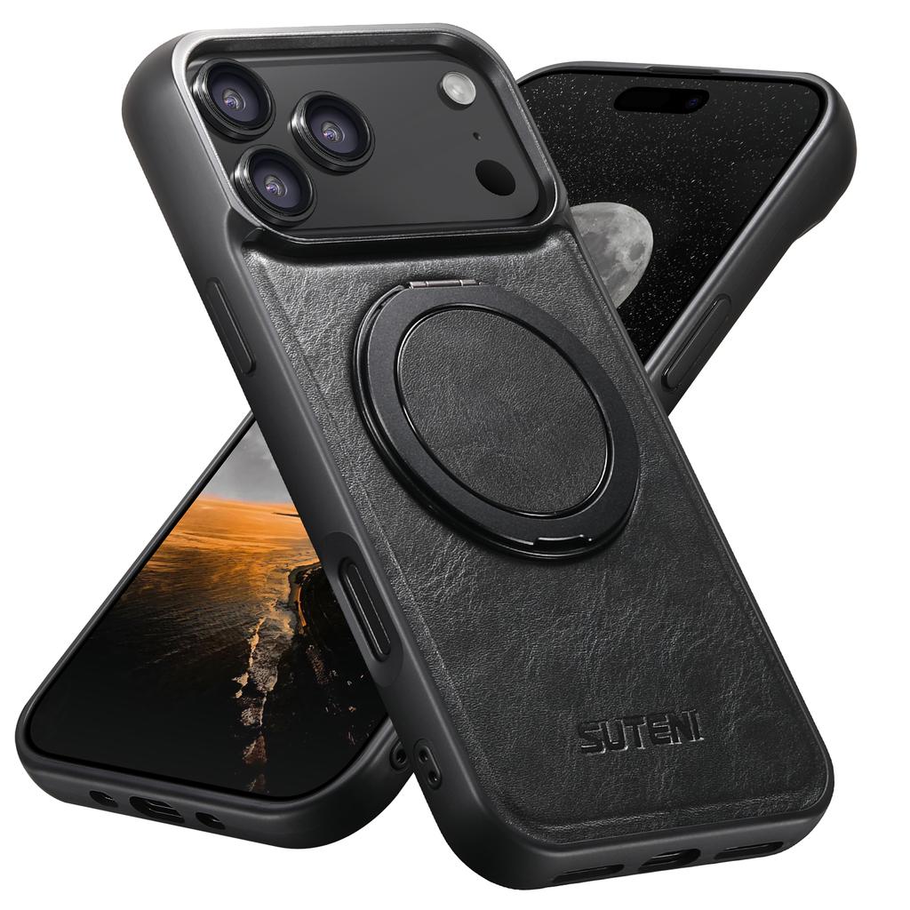 360 Rotating Magnetic Kickstand Waxed Grain Leather Phone Case for iPhone 17 Pro Max 16 15 14 13 12 Shockproof For Magsafe Cover