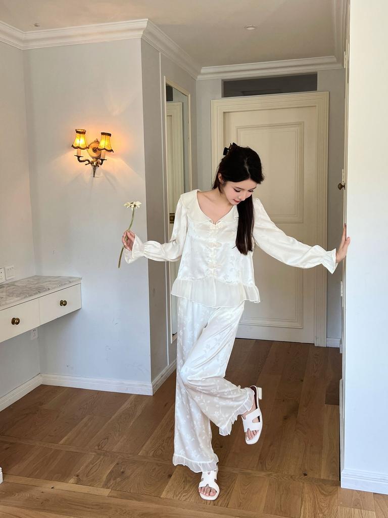 Ice silk jacquard autumn new pajamas women's Japanese sweet long-sleeved court style girl loungewear Xiaoxiangfeng pajamas