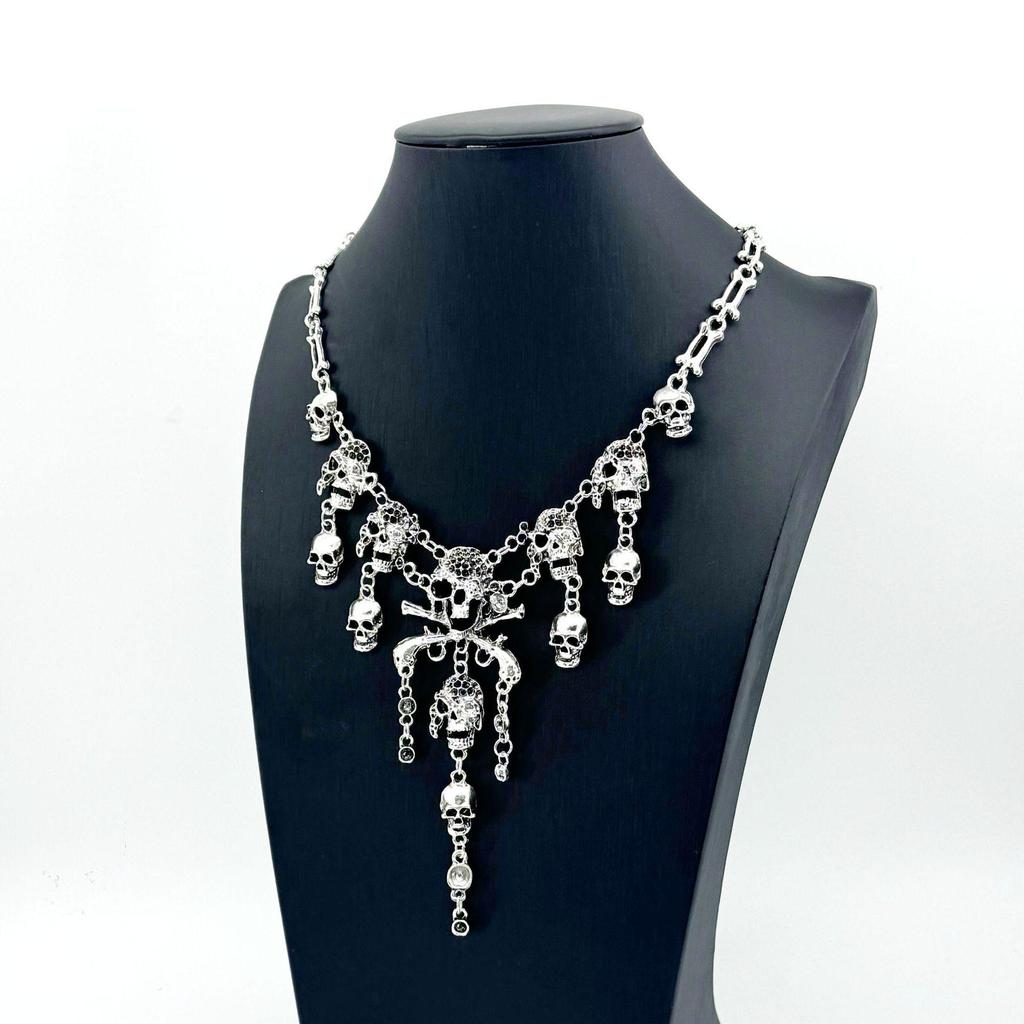 Halloween Retro Skull Ghost Tassel Necklace - Multi-Layered Alloy Design for Women